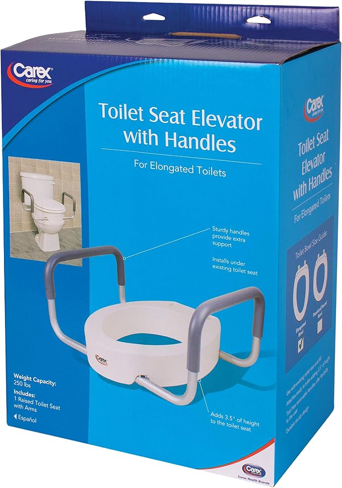 Carex 3.5 Inch Raised Toilet Seat with Arms, Elongated Toilet Seat Riser, Up to 250 lbs Capacity, Elevating & Raising Seat for Elderly & Handicap, Universal, Slip-Resistant with Padded Handles, White