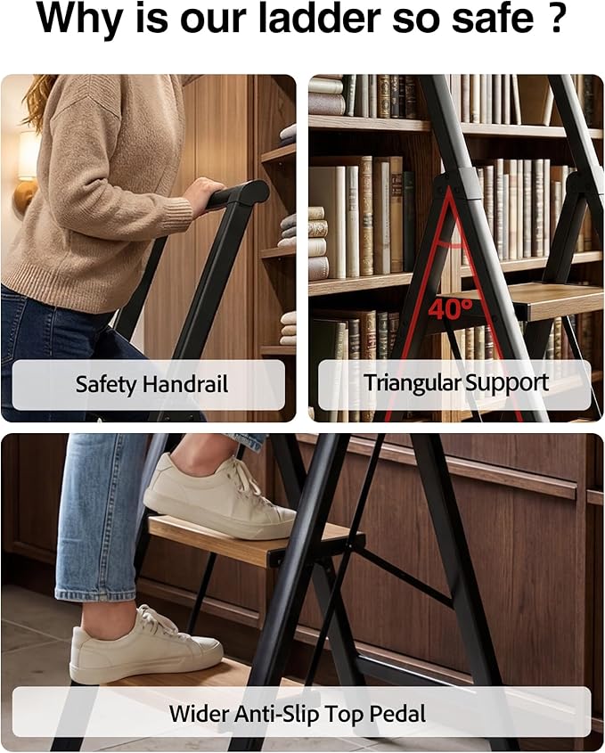 3 Step Ladder,Folding Step Stool with Aluminum Wide Pedal& Convenient Handgrip,330lbs Capacity Steel Ladder for Household and Office(Black &Woodgrain)