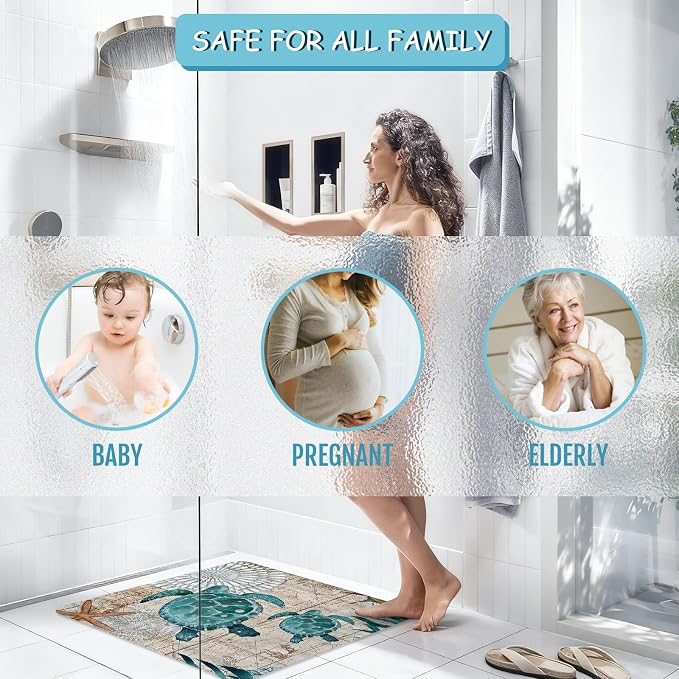 Sea Turtle Square Anti Slip Shower Mats for Inside Shower Accessories, Cute Bath Mats for Bathroom Non Slip Shower Floor Mat Decor Rubber Bathmat With Suction and Drain Holes Machine Washable, 21″X21″