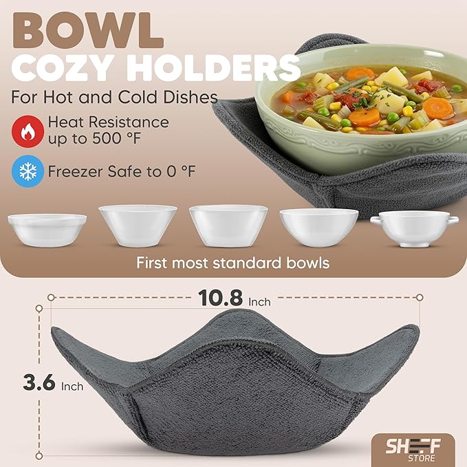 Sheff Set of 4 Plate Cozy Huggers - Reusable Large Bowl Holders - Washable Microwave Plate Huggers - for Hot and Cold Bowls, Dishes (Grey)