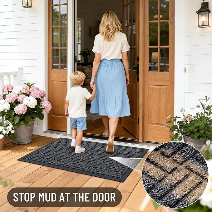 OLANLY Front Door Mat Outside Entrance 47x23, Absorbent, Heavy Duty Sturdy Natural Rubber Doormat Indoor Outdoor, Non-Slip, Stain and Fade Resistant, Low Profile Floor Mat for Entryway, Black Gray