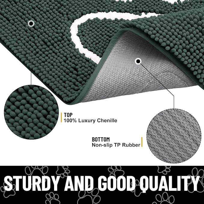 Smiry Dog Door Mat for Muddy Paws, Absorbent Dirt Trapper Non Slip Quick Dry Washable Chenille Mat for Mud Dogs, Entry Rug for Indoor and Outdoor (71x46 Inches, Green and White)
