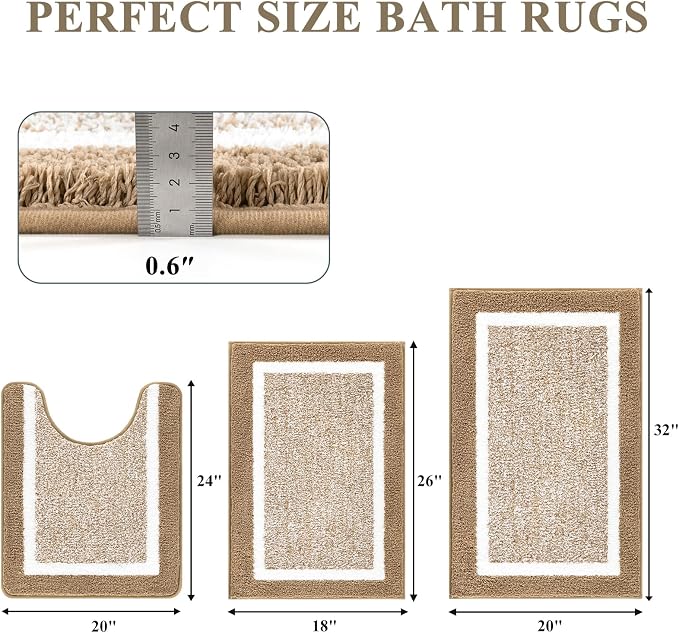 Pauwer Bathroom Rugs Sets 3 Piece Bathroom Shower Rugs with U-Shaped Contour Toilet Mat Absorbent Microfiber Plush Non Slip Bath Mats Machine Washable Shaggy Bath Floor Mats, Khaki
