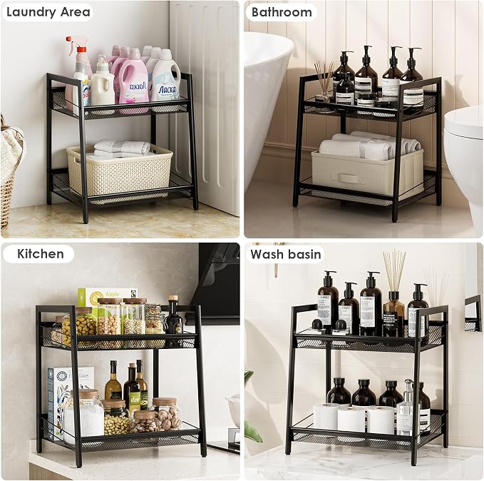 Masupu 2 Tier Bathroom Shelf, Bathroom Organizer and Storage for Small Space, Free-Standing Metal Rack Shelves Waterproof for Kitchen, Bathroom, Laundry, Toilet, Black
