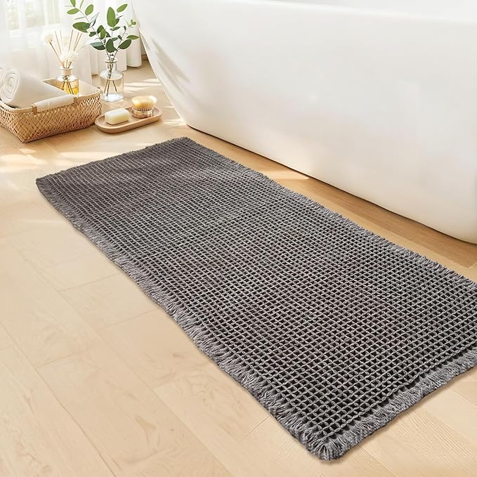 Waffle Runner Bath Mat - Long Boho Bathroom Rugs Non Slip Washable, Super Absorbent & Quick Dry, Soft Bath Mat Farmhouse Bathroom Decor, 24'' x 72'', Dark Grey