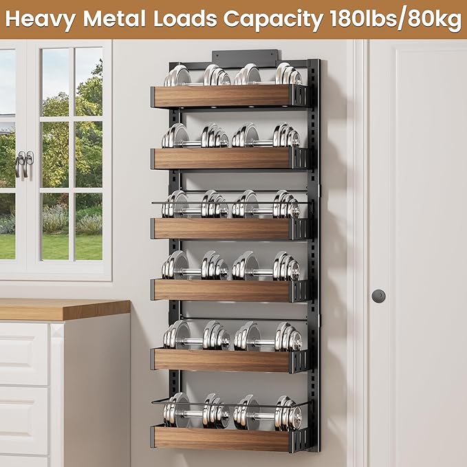 POKIPO 6 Tier Over The Door Pantry Organizer, 2-in-1 Door Hanging or Wall Mounted Spice Rack, Large Heavy Duty Pantry Door Storage Seasoning Shelves with Adjustable Basket for Kitchen Bathroom Closet