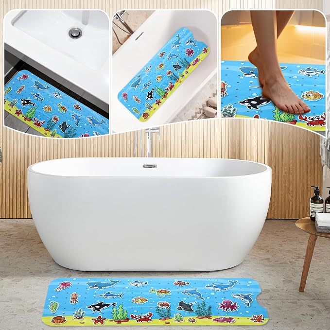 Bath Mat for Tub Non Slip Baby Kids Bathtub Mat Extra Long 40X16 Inch Anti Slip Toddler Shower Mat with Suction Cups & Drain Holes, Machine Washable,Ocean World