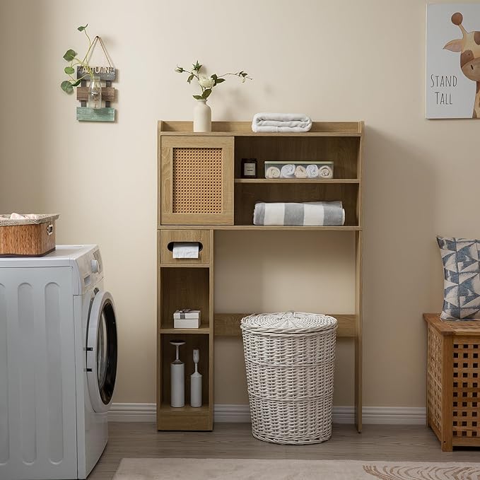 SUNTAGE 6Tier Over The Toilet Storage Cabinet, Freestanding Above Toilet Space Saver Rack w/Adjustable Shelves, Sliding Door, Multifunctional Over Toilet Organizer for Bathroom (Burlywood)