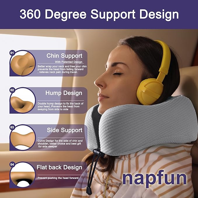 napfun Neck Pillow for Traveling, Upgraded Travel Neck Pillow for Airplane 100% Pure Memory Foam Travel Pillow for Flight Headrest Sleep, Portable Plane Accessories, Mist Gray