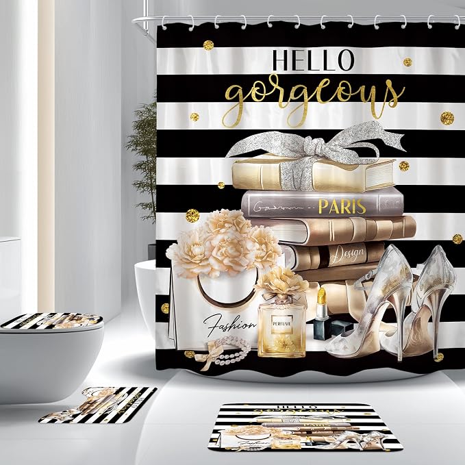 4Pcs Black Yellow Shower Curtain Set, Fashion Flower Perfume Women Girl Girly Modern Bathroom Curtain with Rug, Toilet Lid Cover, Bath Mat, High Heels Magazine Shower Curtain with 12 Hooks