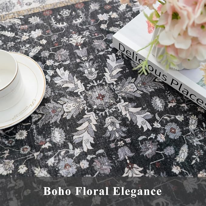 Square Rugs 5x5 Washable for Entryway: Non Slip Indoor Foot Carpet for Living Room, Boho Soft Black 5'x5' Low Pile Neutral Area Rug for Kitchen Dining Room Bathroom (Black, 5x5)
