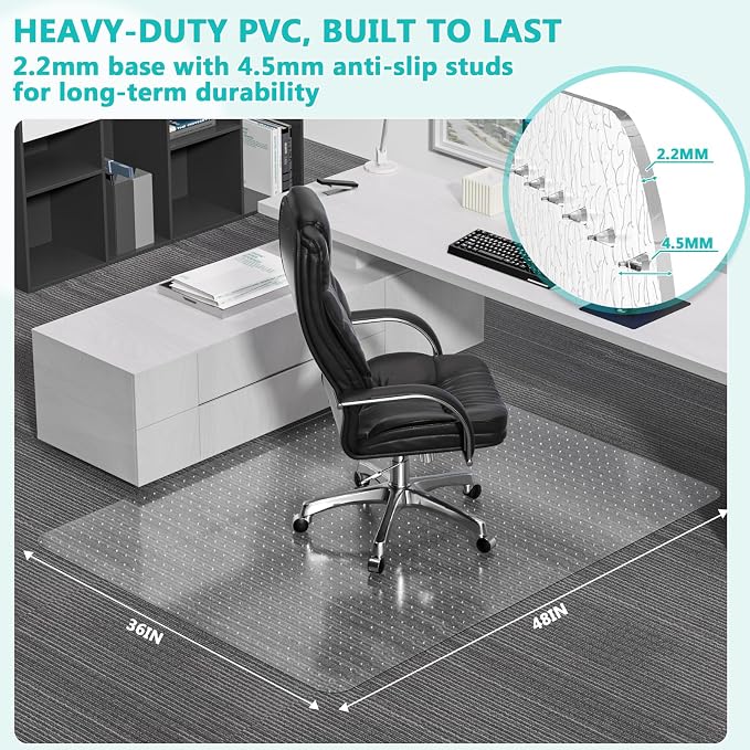 Office Chair Mat for Low Pile Carpet with Lip, 36" x 48" Clear Heavy Duty Plastic Floor Protector for Smooth Rolling Desk & Computer Chairs, Under Desk Chair Mat for Home Office