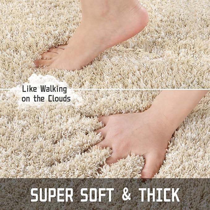 Yimobra Bathroom Rugs Non Slip Washable 36X24, Ultra Soft and Water Absorbent Bath Mats, Plush Fluffy Shower Mat Outside, Luxury Microfiber Thick Matts for Bathroom Floor/Tub, Light Beige and White
