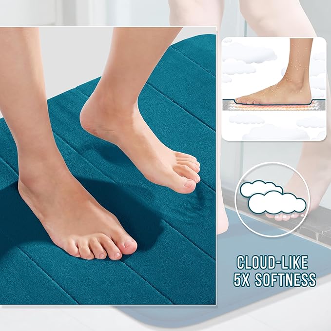 Yimobra Memory Foam Bath Mat Set 3 Pieces- Super Soft Absorbent Quick Dry Bathroom Rug Sets, Machine Washable Non Slip Floor Carpet for Tub Shower, Vanity & Toilet Base, Peacock Blue
