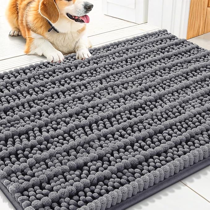 Smiry Dog Door Mat for Muddy Paws 30x20, Absorbent Dirt Trapper, Non-Slip Washable Chenille Entryway Rug for Inside Floor, Dark Grey, Layered Pattern