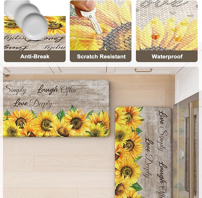 KIMODE Anti Fatigue Kitchen Mat for Floor, Farmhouse Sunflower Kitchen Rugs 2 PCS, Kitchen Floor Mats Non-Slip Cushioned, Comfort Standing Mat for Sink, Laundry, Desk Brown 17"x47"+17"x29"