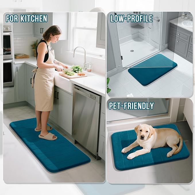Yimobra Memory Foam Bath Mat Set 3 Pieces- Super Soft Absorbent Quick Dry Bathroom Rug Sets, Machine Washable Non Slip Floor Carpet for Tub Shower, Vanity & Toilet Base, Peacock Blue