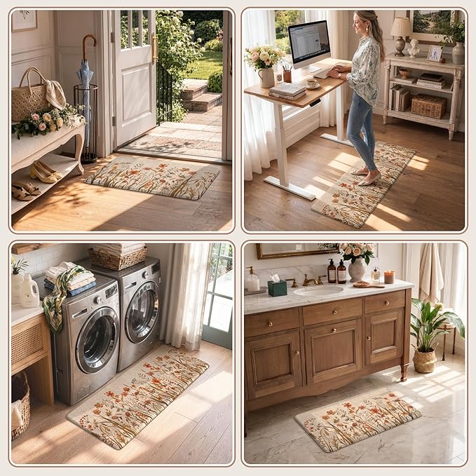 KIMODE Fall Kitchen Mats Cushioned Anti Fatigue, Orange Farmhouse Kitchen Rugs Sets of 2, Non Slip Kitchen Mats for Floor, Padded Kitchen Floor Mats for Sink Laundry Office Desk 17"x47"+17"x29"