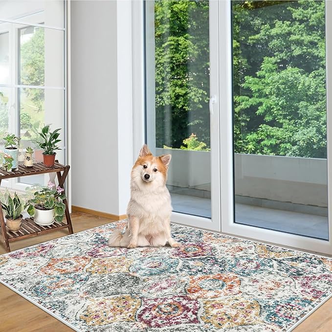 Lahome Moroccan Trellis Washable Small Area Rug, 3x5 Black Rug for Bedroom Living Room, Non-Slip Oriental Accent Throw Carpet for Kitchen Office Entryway Bathroom Office Elise, Aqua/Multi
