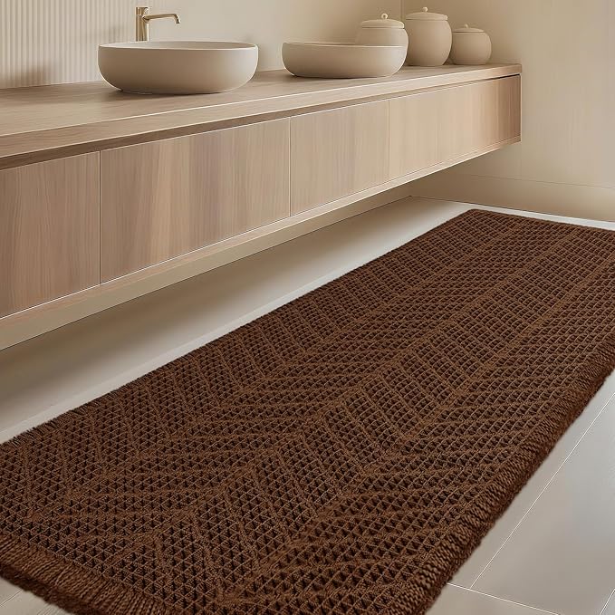 Extra Large Waffle Bath Mat, Boho Woven Modern Bath Rug Absorbent Non Slip, Ultra Soft Bathroom Mats, Machine Washable Knit Bath Rugs with Herringbones for Bathroom, Bedroom,Kitchen,Tub, 5'x2', Brown
