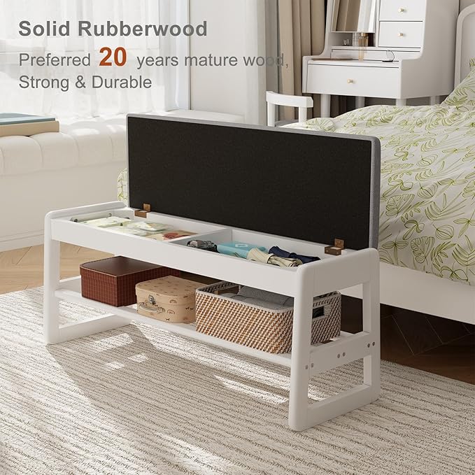 AQIMUELE Shoe Rack Bench,2 Tiers Shoe Bench with Storage with Flip-Top,Wood Shoe Rack for Entryway,Hallway（White Upholstered Seat,11.8" D x 23.62" W x 15.7" H）