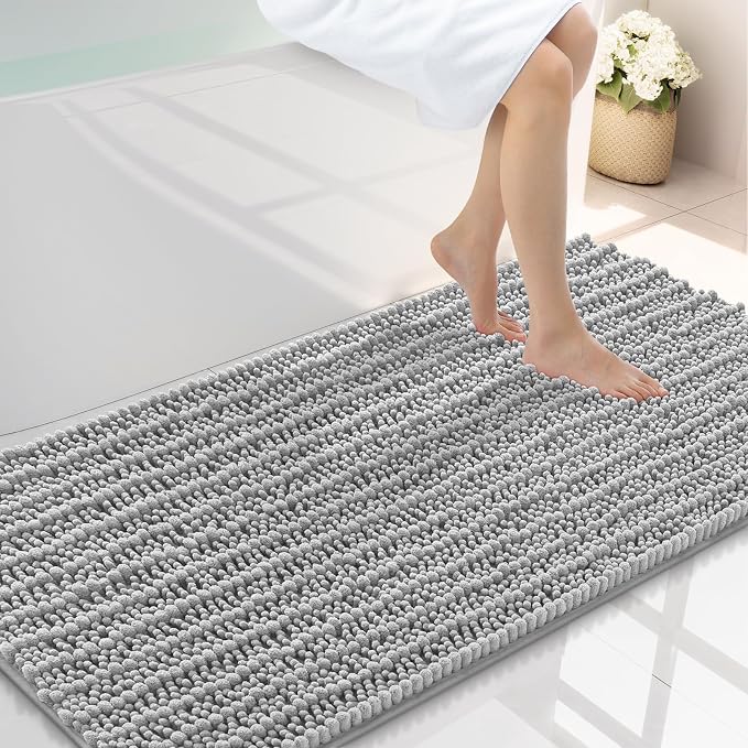 Smiry Bathroom Rugs Mat 44x24, Extra Soft Absorbent Chenille Bath Rugs, Non Slip Rubber Backing Machine Washable Quick Dry Bath Mats for Bathroom Floor, Tub, Shower, Home Decor Accessories, Light Grey