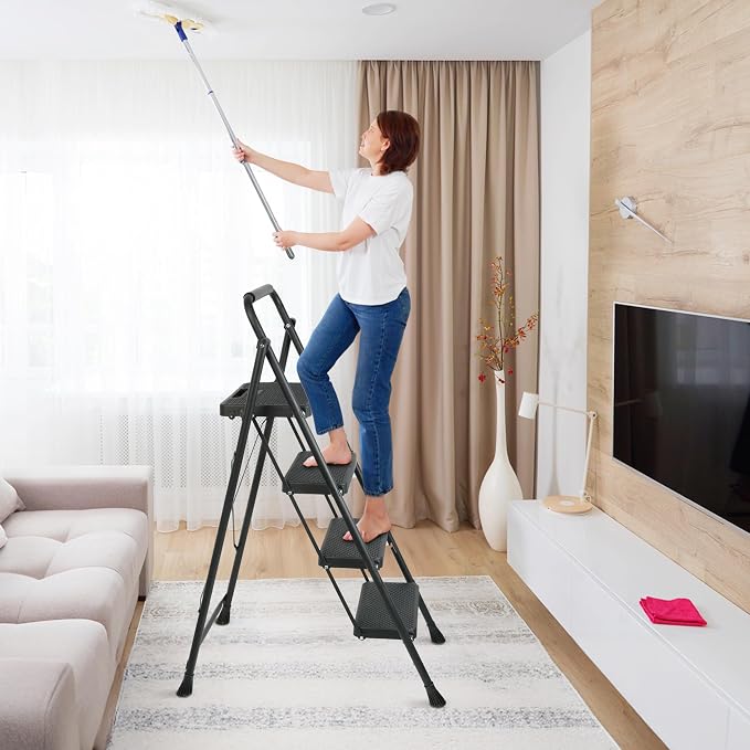 Arbusb Step Ladder, Folding Step Stool with Wide Anti-Slip Pedals, Sturdy Steel Ladder with Handrail, Space-Saving, Portable for Home & Adults, 4 Step Ladder