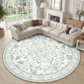 RELEANY Area Rugs Round 10ft Washable Non-Slip, Floral Vintage Distress Medallion Carpet for Living Room Bedroom Dining Room, Green White Blue