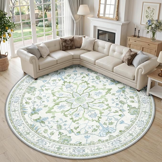 RELEANY Area Rugs Round 10ft Washable Non-Slip, Floral Vintage Distress Medallion Carpet for Living Room Bedroom Dining Room, Green White Blue