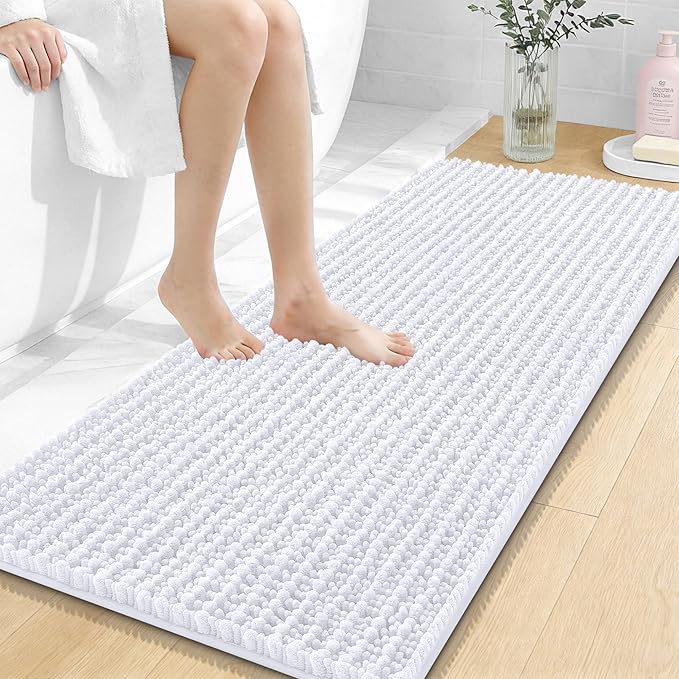 OLANLY Long Bathroom Rugs Runner 47x20, Thick Soft and Absorbent Chenille Bath Mat, Non-Slip, Machine Washable Quick Dry Bath Rugs for Tub Shower Floor, Home Decor Accessories, White