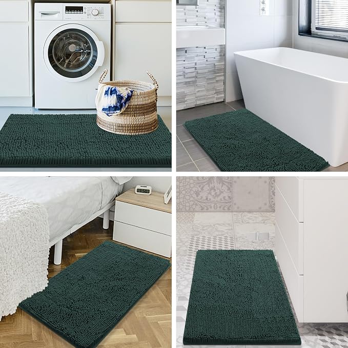 Smiry Luxury Chenille Bathroom Rugs 40x32, Extra Soft and Absorbent Shaggy Bath Mat, Machine Washable, Non-Slip Plush Carpet Runner for Tub, Shower, and Floor, Home Decor Accessories, Green