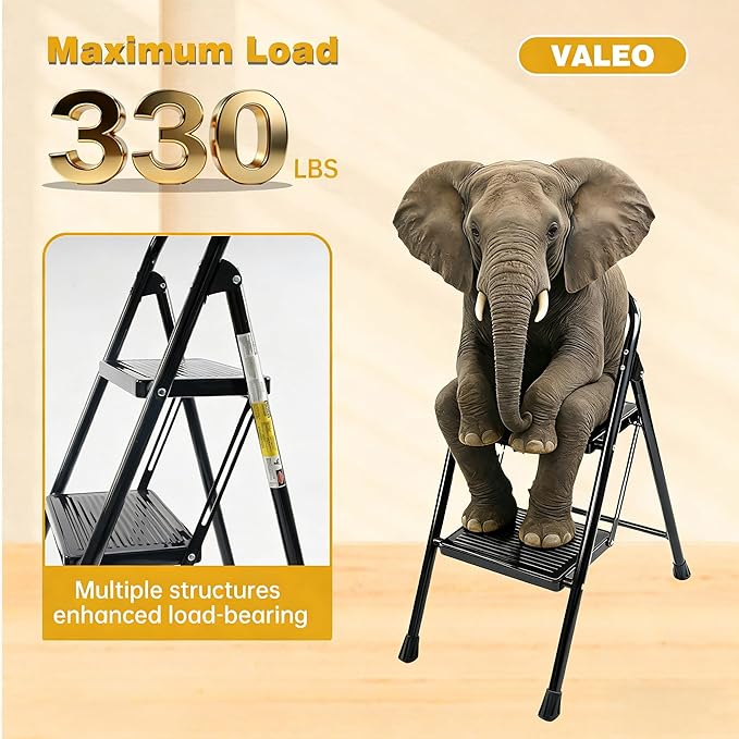 Valeo 2 Step Ladder, Step Stool with Wide Anti-Slip Pedal, 330 lbs Capacity,Step Ladder Folding Step Stool for Adults, Lightweight Steel Portable ladders for Home Kitchen & Office,Black