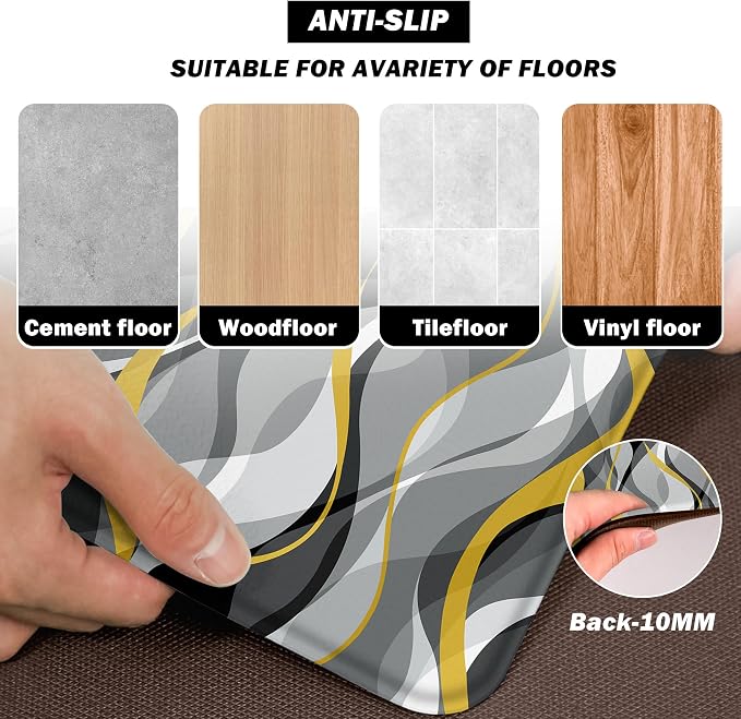Kitchen Mats for Floor Modern Abstract kitchen rugs Grey and Yellow Stripe Anti Fatigue Kitchen Mats Waterproof Floor Mats Cushioned Non-Skid Standing Mats for Kitchen, Set of 2,17.3 x 28+17.3 x 47