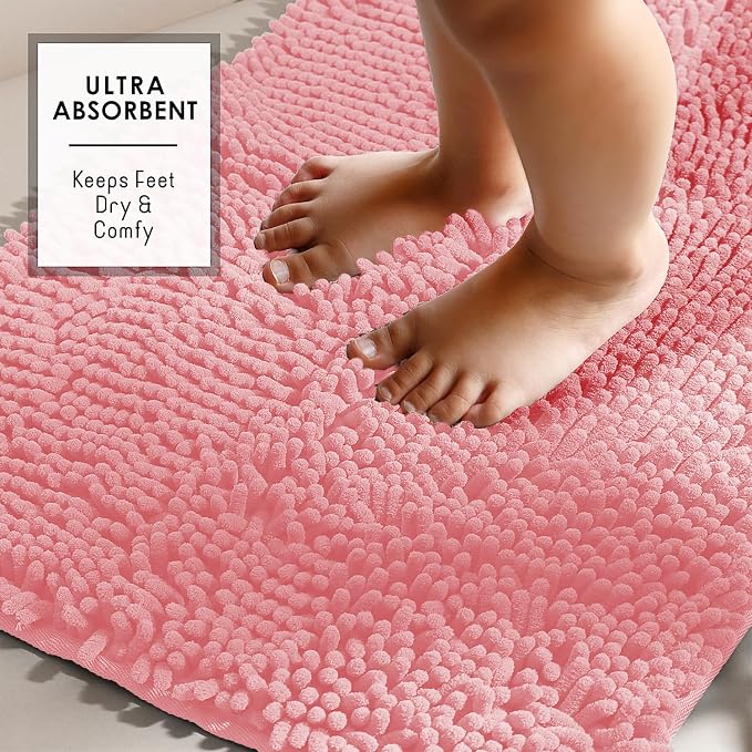 Hearth & Harbor Bathroom Rugs, Chenille Bath Mat - Machine Washable Bath Mats for Bathroom Non-Slip Backing Rubber, Quick Dry Bathroom Mat, 17 x 24 + 20 x 32 - Pink