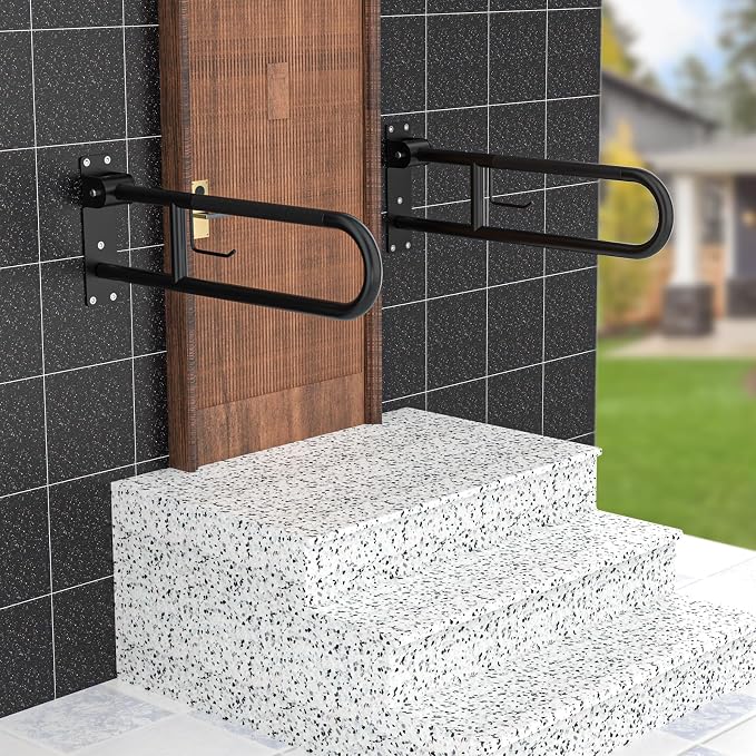 Toilet Grab Bar 32 Inch Black, Munzong Anti-Slip Handicap Grab Bars with Paper Holder, Flip-Up Bathroom Safety Rails, Stainless Steel Knurled Support handrails for Seniors Elderly Disabled Pregnant
