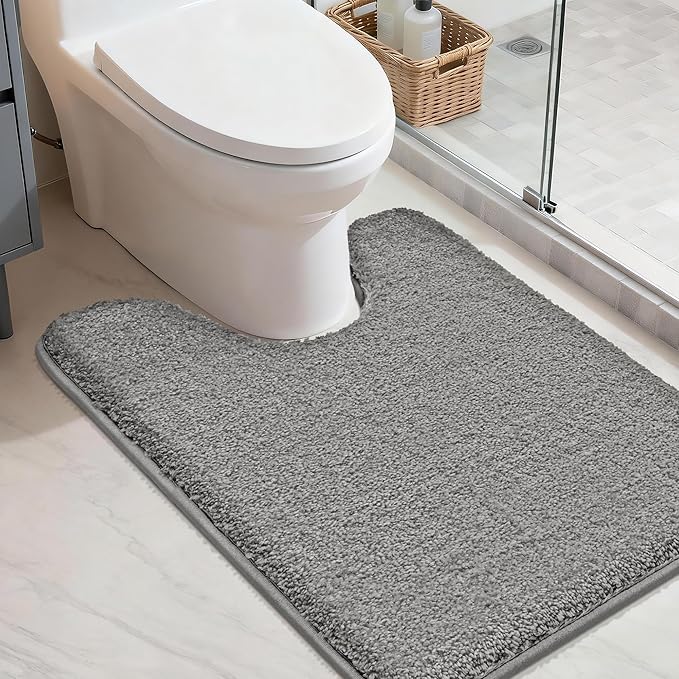 COSY HOMEER Toilet Rugs U-Shaped 24"x20",Soft Absorbent Bath Mat with Non-Slip TPR Backing, Machine Washable Shaggy Bath Rug for Toilet,Grey
