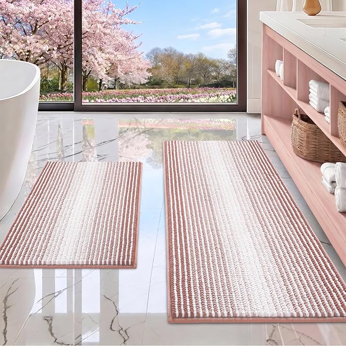 BSICPRO Bathroom Rugs and Mats Sets, 2 Piece Thick Absorbent Chenille Bath Mat Rug Set Non Slip, Soft Shaggy Bath Room Floor Mats for Bathroom, Machine Washable (20" x 47" Plus 16" x 24",Mist Pink)