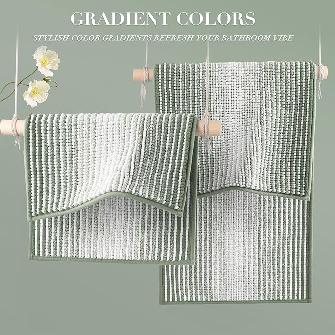 BSICPRO Bathroom Rugs and Mats Sets, 2 Piece Thick Absorbent Chenille Bath Mat Rug Set Non Slip, Soft Bath Room Floor Mats for Bathroom, Machine Washable (20" x 47" Plus 16" x 24",Greyish Green)