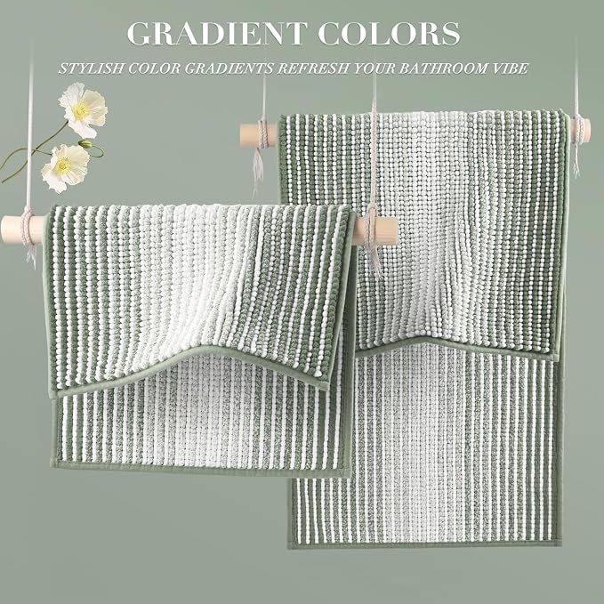 BSICPRO Bathroom Rugs and Mats Sets, 2 Piece Thick Absorbent Chenille Bath Mat Rug Set Non Slip, Soft Bath Room Floor Mats for Bathroom, Machine Washable (20" x 60" Plus 20" x 32",Greyish Green)