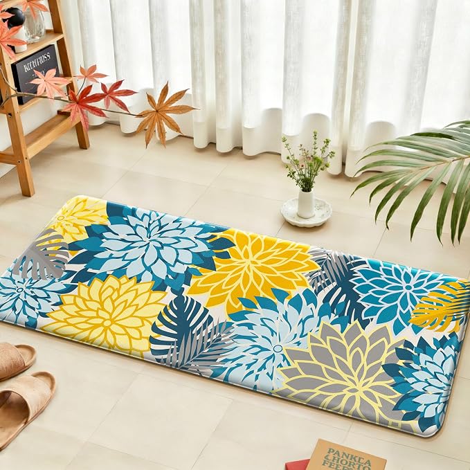 Arenarug Kitchen Mats for Floor 2PCS Cushioned Anti Fatigue Kitchen Mats Waterproof Non Slip Kitchen Mat Rug Set Comfort Foam Standing Mat for Sink, Laundry, Office, 24"x39"+24"x59", Yellow Teal