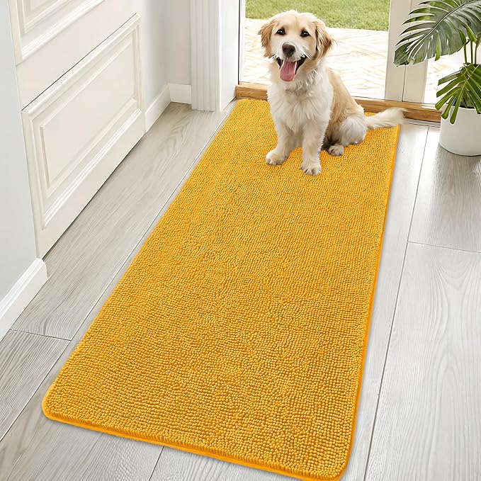 OLANLY Dog Door Mat for Muddy Paws 70x35, Absorbs Moisture and Dirt, Absorbent Non-Slip Washable Doormat, Quick Dry Chenille Mud Mat, Entry Indoor Entryway Carpet for Inside Floor, Golden Yellow