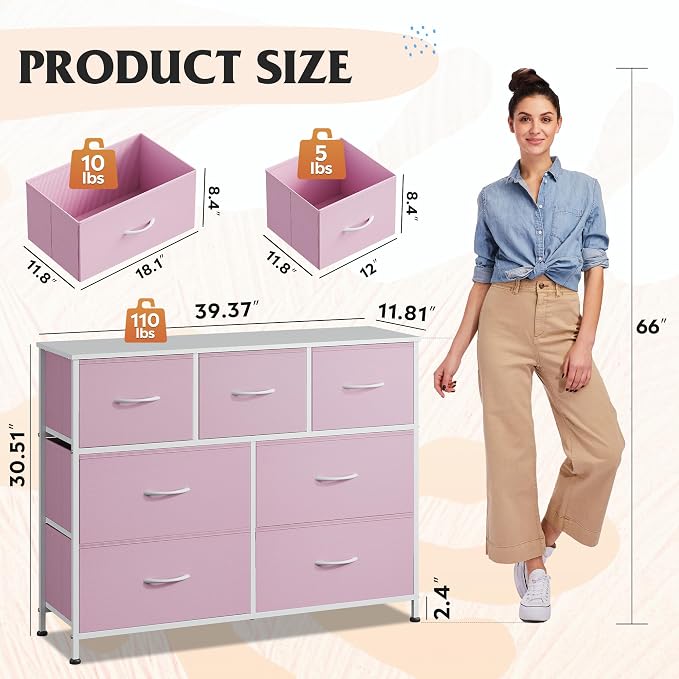 WLIVE 7 Drawer Dresser TV Stand, Entertainment Center, Media Console Table with Metal Frame and Wood Top for TV up to 45 inch, Chest of Drawers for Bedroom, Living Room, A-Pink