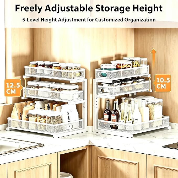 2 Pack Under Sink Organizer, 3-Tier Pull Out Kitchen Cabinet Organizer, Height Adjustable Metal Slide Out Bathroom Storage Makeup Drawer Rack for Bedroom Office Laundry Pantry Home Organization, White