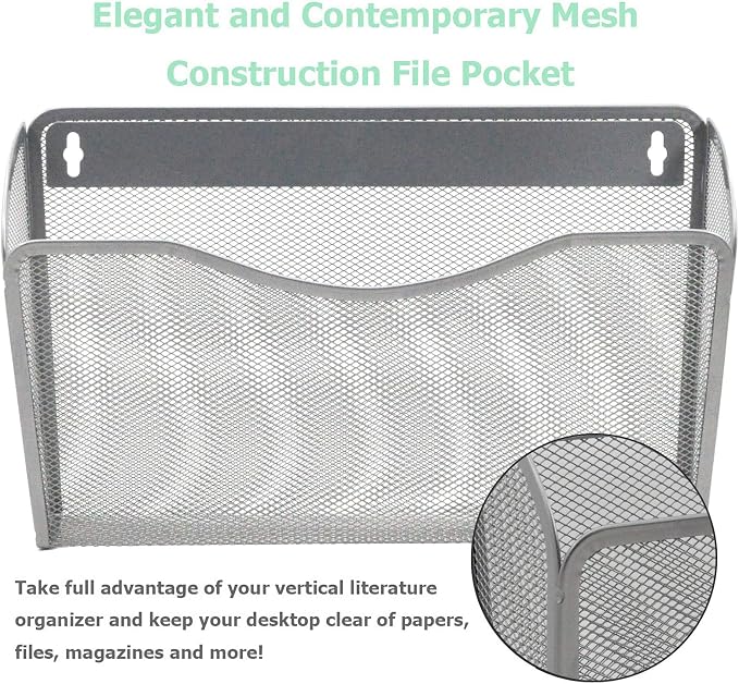 EASEPRES 6 Single Pocket Mesh Hanging File Organizer, Vertical Wall Mounted Magazine File Holder, Mount Basket Mail Paper Document Folder Organizing for Office, Home and School, Silver