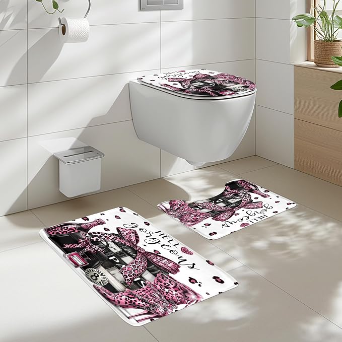 4Pcs Black and Pink Leopard Print Shower Curtain Set,Fashion Modern Girly Bow Perfume Striped Bathroom Curtain with Rug,Toilet Lid Cover, Bath Mat,High Heels Books Shower Curtain with 12 Hooks