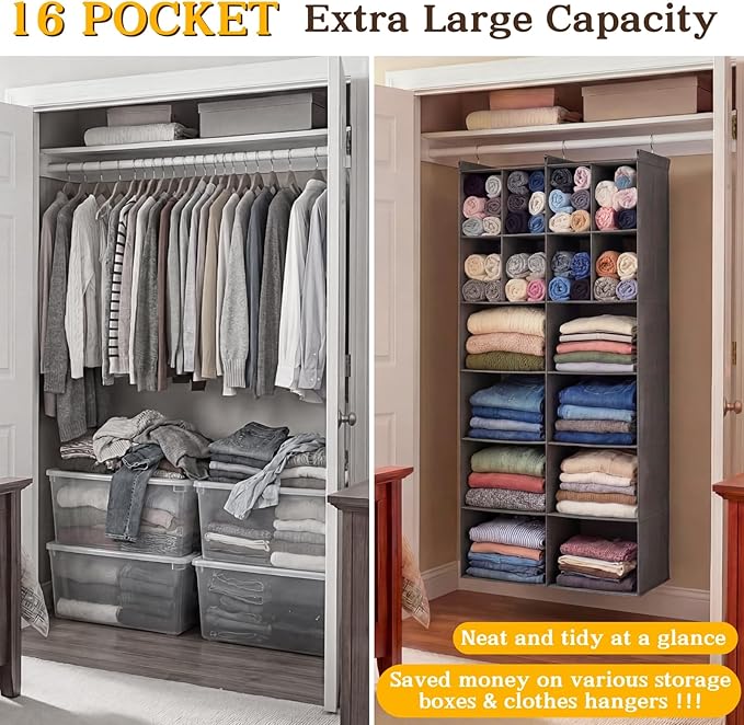 Ofiray-home 6 Tier Hanging Closet Organizer, 16 Compartments Sweater Organizer for Closet with 3 Sturdy Hooks, Closet Organizers and Storage, Wardrobe, Rv, Garment Rack, Grey