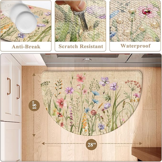 KIMODE Kitchen Mat Cushioned Anti Fatigue, Half Moon Floral Kitchen Rug, Comfort Padded Kitchen Floor Mat Non Slip, Ergonomic Standing Desk Mat for Sink Laundry Office Brown 18"x28"