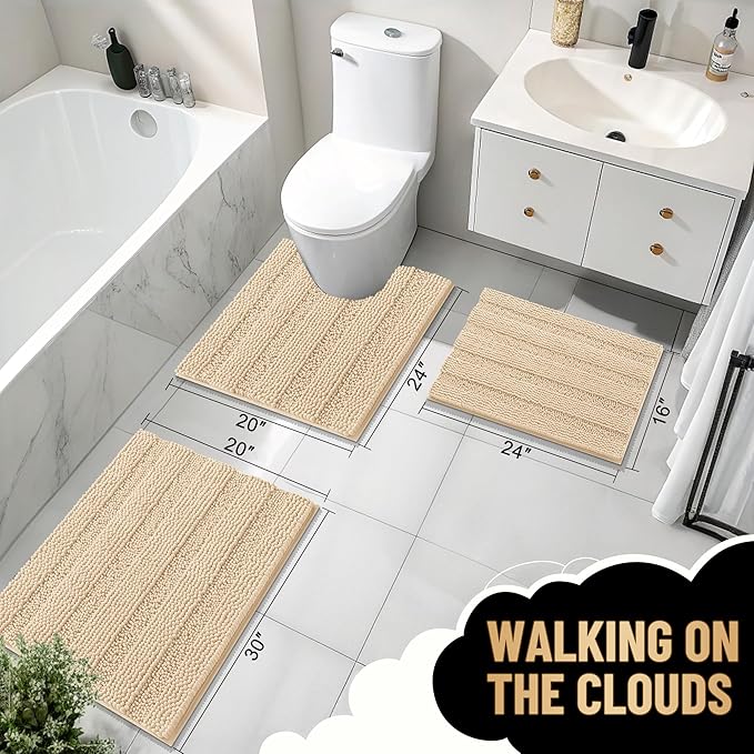 OLANLY Thick Bathroom Rugs 34x21, Extra Soft Absorbent Chenille Striped Bath Rugs, Rubber Backing, Machine Wash Dry, Bath Mats for Bathroom Floor, Tub and Shower, Home Decor Accessories, Beige