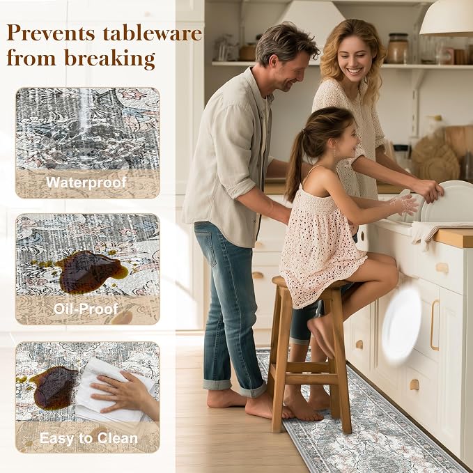 Boho Kitchen Mats for Floor 2 Piece Set Anti Fatigue Cushioned PVC Kitchen Rugs Non Slip Waterproof Farmhouse Mats 2/5 Inch Comfort Standing Mat for Sink, Laundry, 17.3"x47"+17.3"x28", Beige Grey