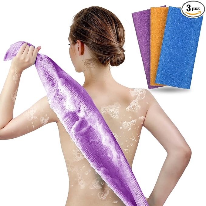 ARCH&M 3 Pack Exfoliating Washcloth, 35-Inch, Korean & Japanese Style | Orange Purple Navy-Blue, Nylon Back Scrubber, Daily Use Deep Clean & Smooth Skin, More Hygienic Than Loofah